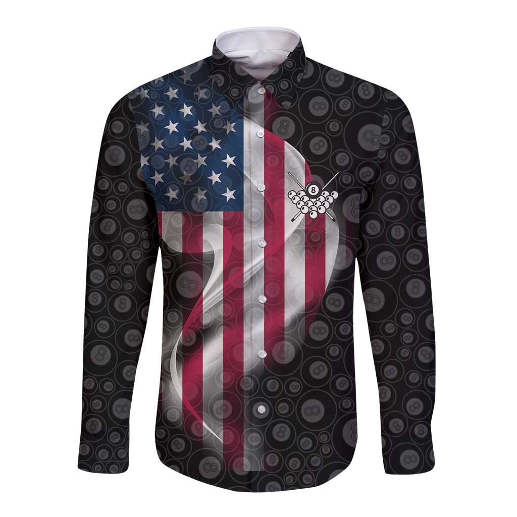 American Flag Bowling Ball and Pins Graphic Long Sleeve Button Shirt with Black Patterned Background and Custom Team Name Design - Wonder Print Shop