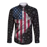 American Flag Bowling Ball and Pins Graphic Long Sleeve Button Shirt with Black Patterned Background and Custom Team Name Design - Wonder Print Shop