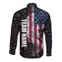 American Flag Bowling Ball and Pins Graphic Long Sleeve Button Shirt with Black Patterned Background and Custom Team Name Design - Wonder Print Shop