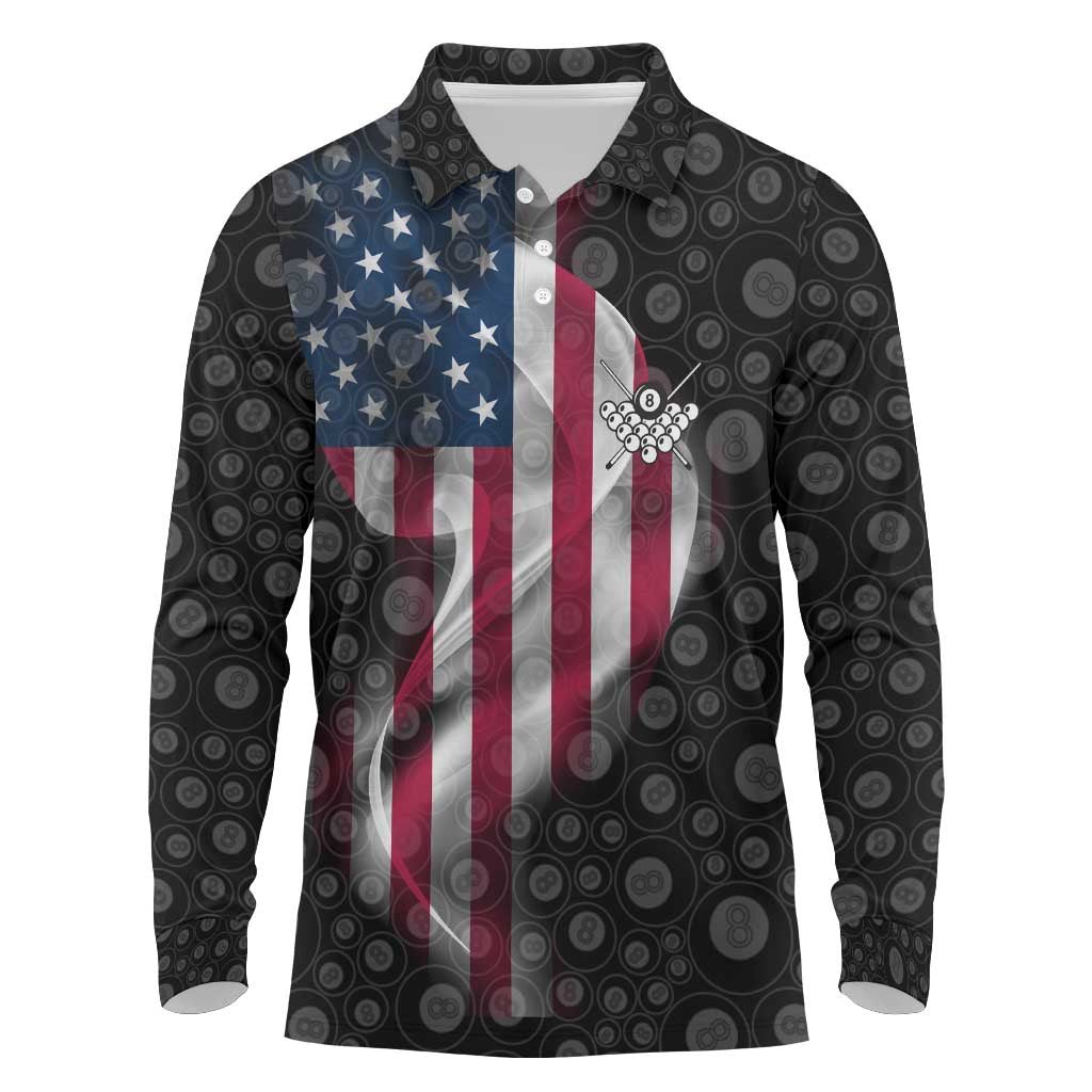 American Flag Bowling Ball and Pins Graphic Long Sleeve Polo Shirt with Black Patterned Background and Custom Team Name Design - Wonder Print Shop
