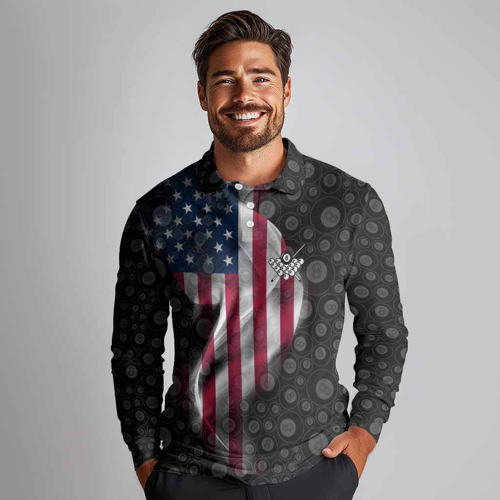 American Flag Bowling Ball and Pins Graphic Long Sleeve Polo Shirt with Black Patterned Background and Custom Team Name Design - Wonder Print Shop