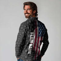 American Flag Bowling Ball and Pins Graphic Long Sleeve Polo Shirt with Black Patterned Background and Custom Team Name Design - Wonder Print Shop