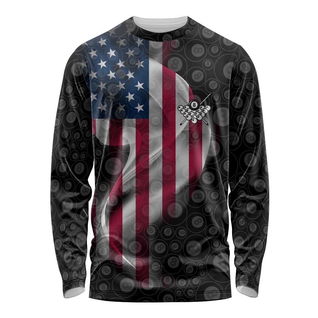 American Flag Bowling Ball and Pins Graphic Long Sleeve Shirt with Black Patterned Background and Custom Team Name Design - Wonder Print Shop