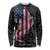 American Flag Bowling Ball and Pins Graphic Long Sleeve Shirt with Black Patterned Background and Custom Team Name Design - Wonder Print Shop