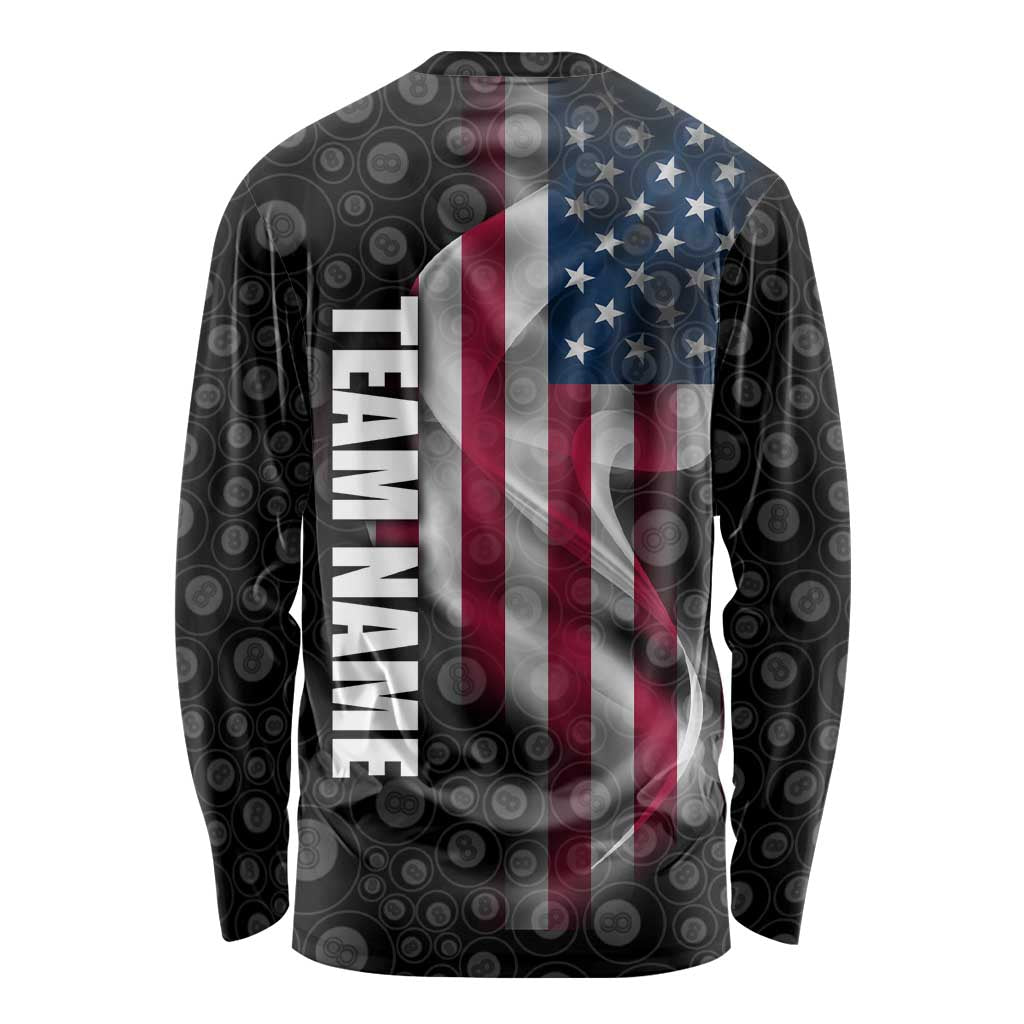 American Flag Bowling Ball and Pins Graphic Long Sleeve Shirt with Black Patterned Background and Custom Team Name Design - Wonder Print Shop