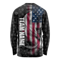 American Flag Bowling Ball and Pins Graphic Long Sleeve Shirt with Black Patterned Background and Custom Team Name Design - Wonder Print Shop