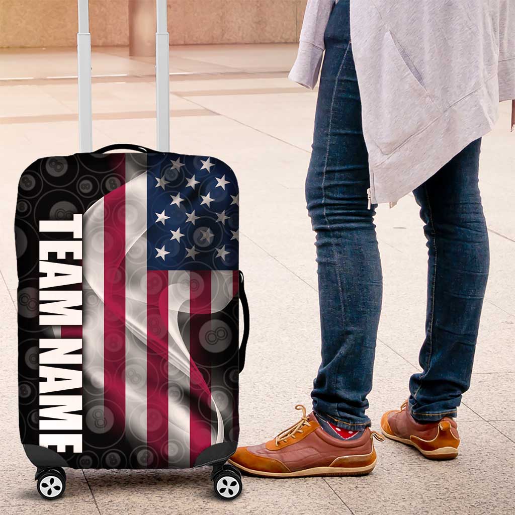 American Flag Bowling Ball and Pins Graphic Luggage Cover with Black Patterned Background and Custom Team Name Design - Wonder Print Shop