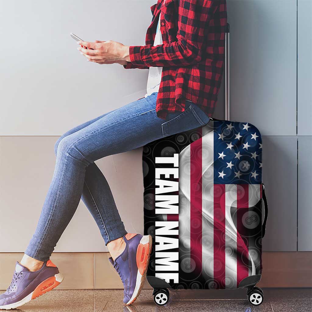 American Flag Bowling Ball and Pins Graphic Luggage Cover with Black Patterned Background and Custom Team Name Design - Wonder Print Shop
