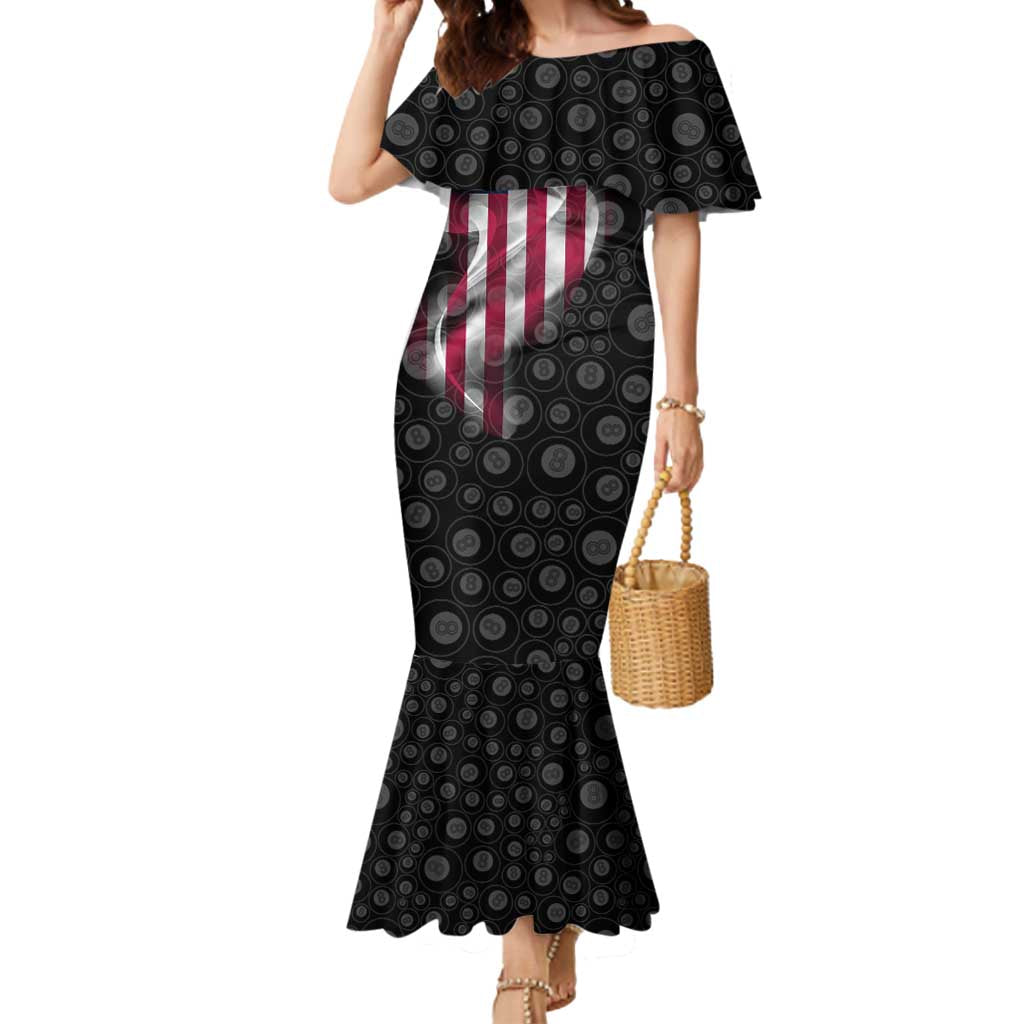 American Flag Bowling Ball and Pins Graphic Mermaid Dress with Black Patterned Background and Custom Team Name Design - Wonder Print Shop