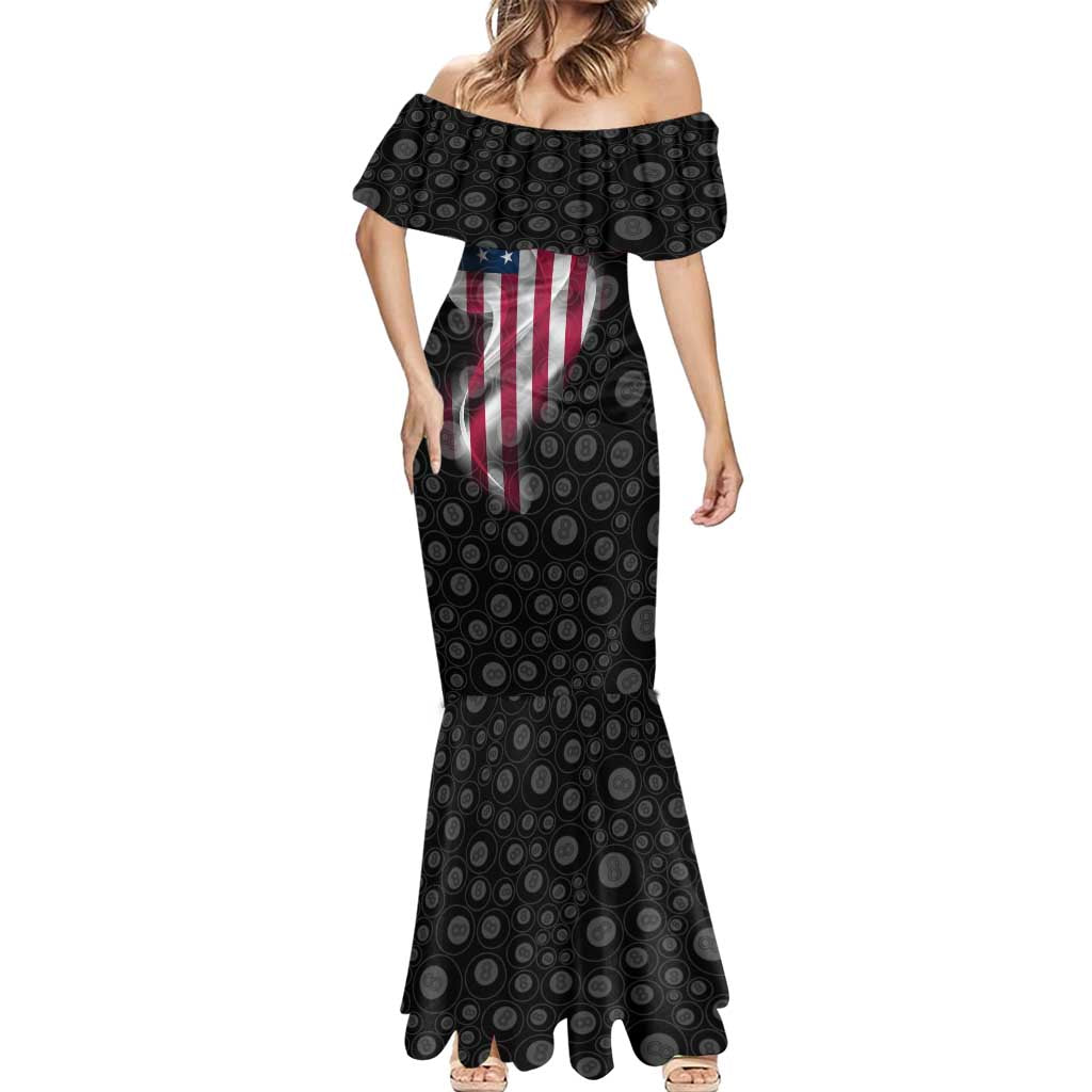 American Flag Bowling Ball and Pins Graphic Mermaid Dress with Black Patterned Background and Custom Team Name Design - Wonder Print Shop