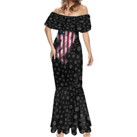 American Flag Bowling Ball and Pins Graphic Mermaid Dress with Black Patterned Background and Custom Team Name Design - Wonder Print Shop