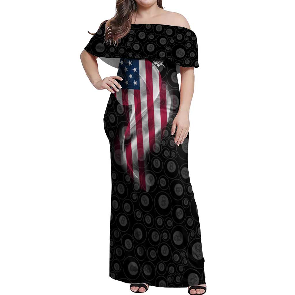 American Flag Bowling Ball and Pins Graphic Off Shoulder Maxi Dress with Black Patterned Background and Custom Team Name Design - Wonder Print Shop