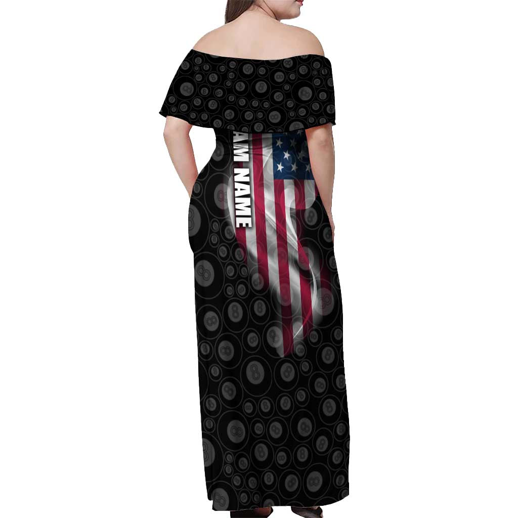 American Flag Bowling Ball and Pins Graphic Off Shoulder Maxi Dress with Black Patterned Background and Custom Team Name Design - Wonder Print Shop
