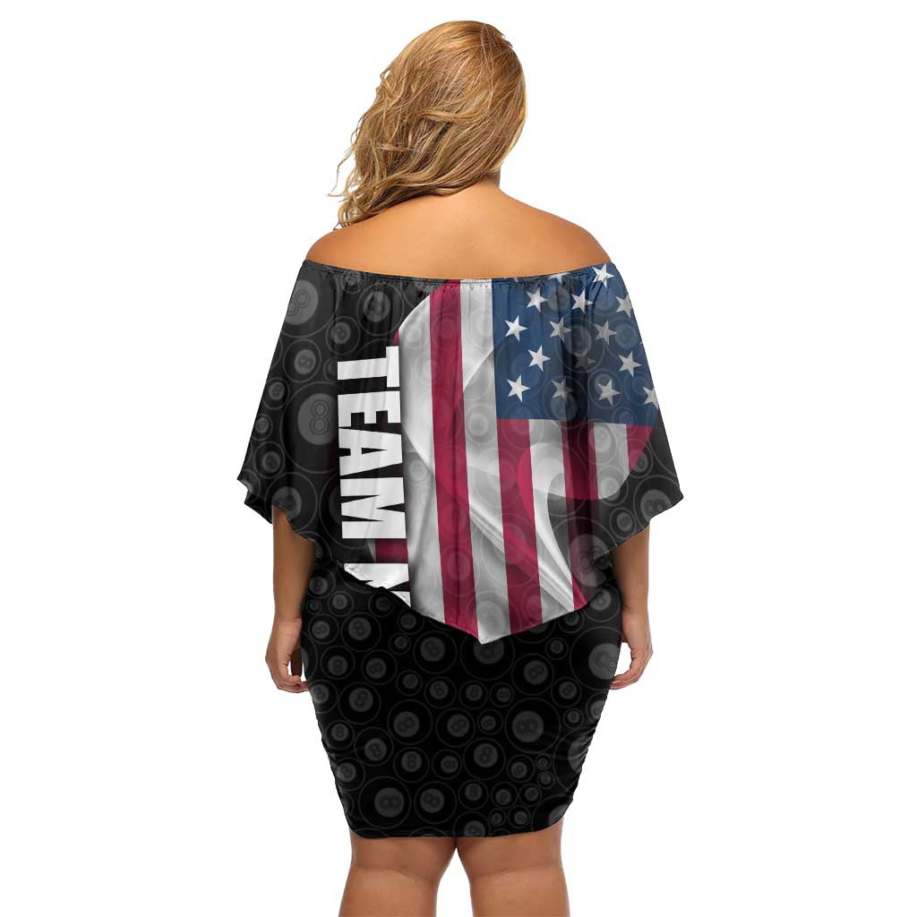 American Flag Bowling Ball and Pins Graphic Off Shoulder Short Dress with Black Patterned Background and Custom Team Name Design - Wonder Print Shop