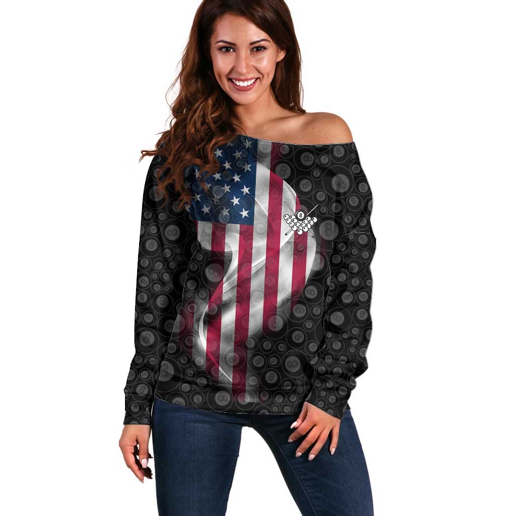 American Flag Bowling Ball and Pins Graphic Off Shoulder Sweater with Black Patterned Background and Custom Team Name Design - Wonder Print Shop