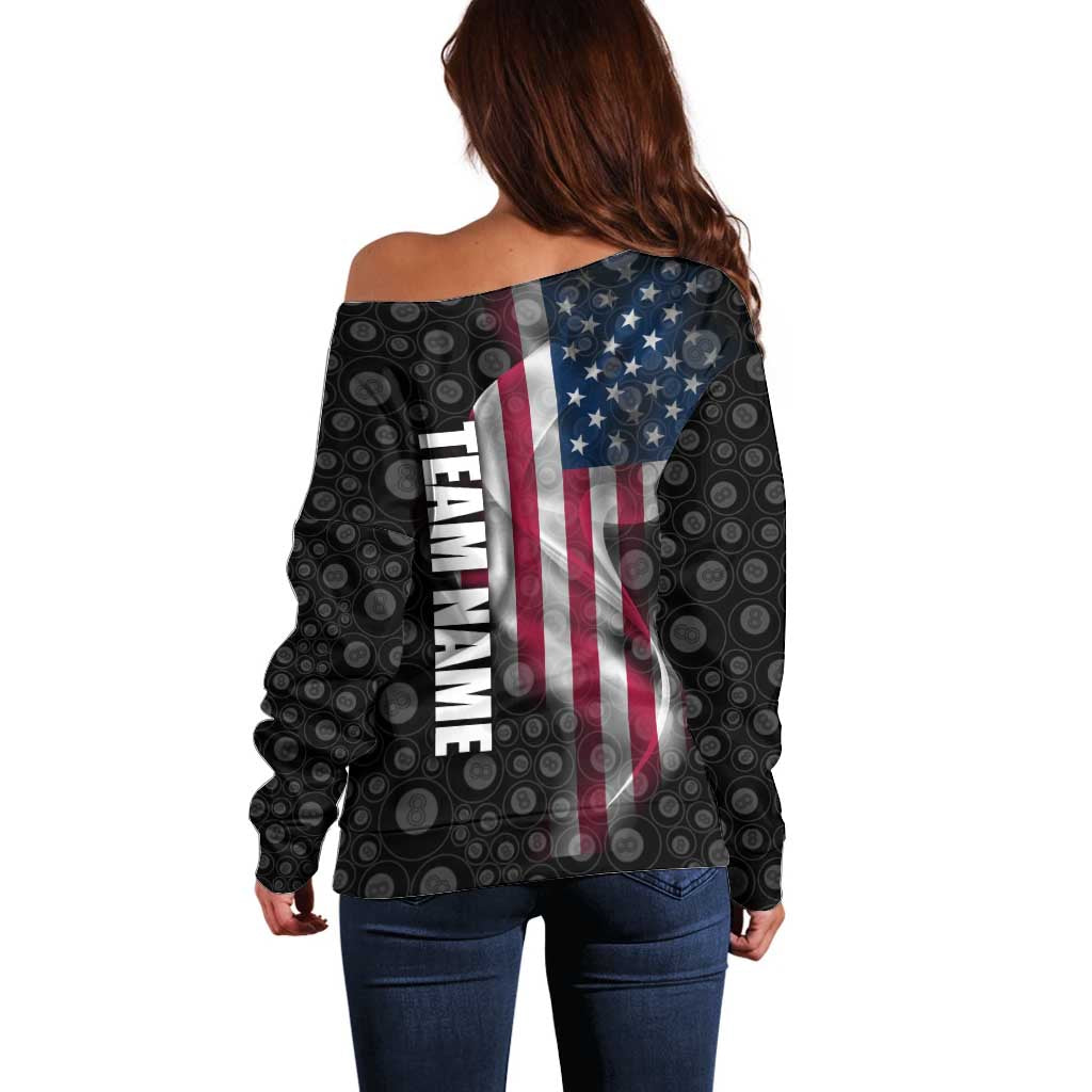 American Flag Bowling Ball and Pins Graphic Off Shoulder Sweater with Black Patterned Background and Custom Team Name Design - Wonder Print Shop