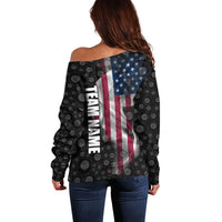 American Flag Bowling Ball and Pins Graphic Off Shoulder Sweater with Black Patterned Background and Custom Team Name Design - Wonder Print Shop