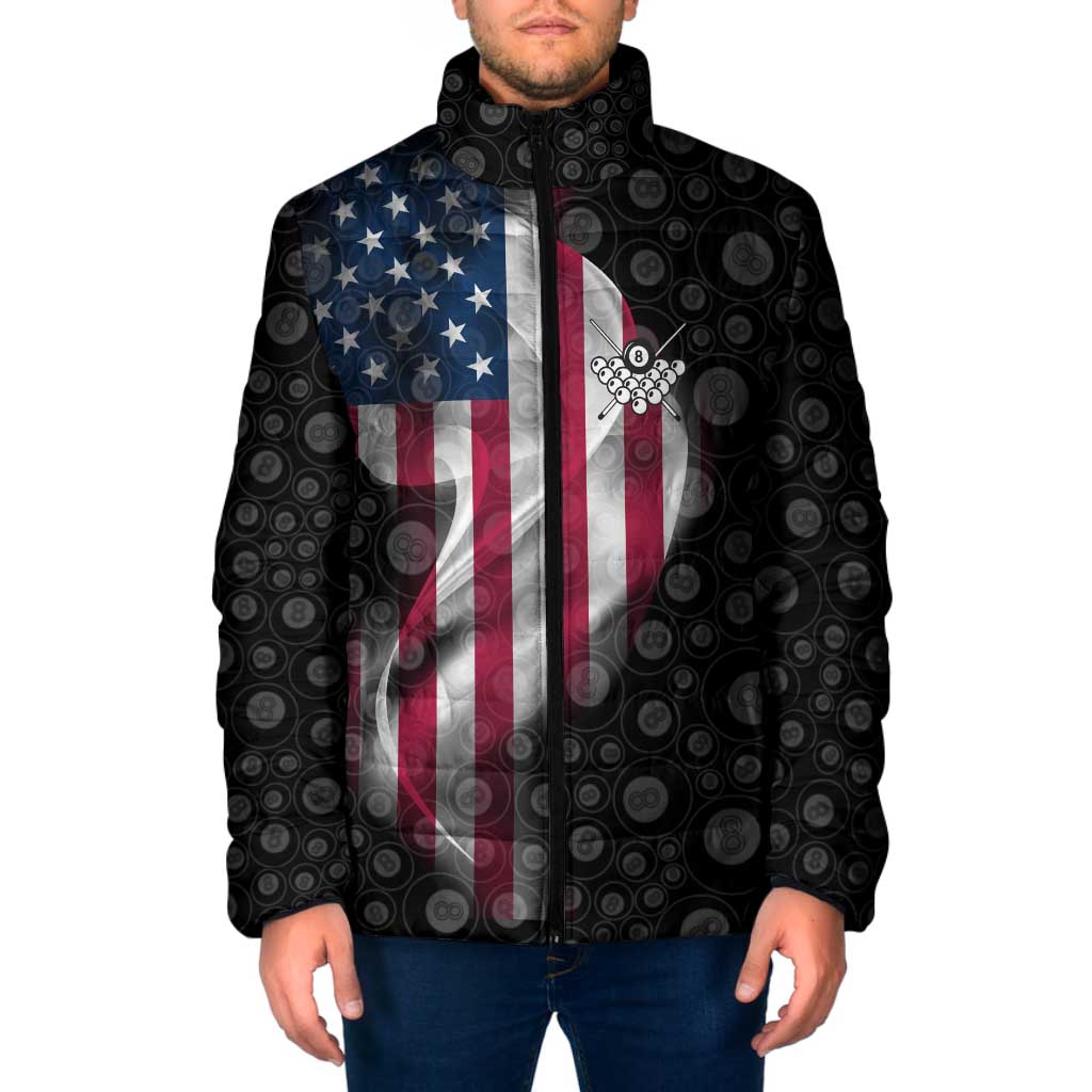 American Flag Bowling Ball and Pins Graphic Padded Jacket with Black Patterned Background and Custom Team Name Design - Wonder Print Shop