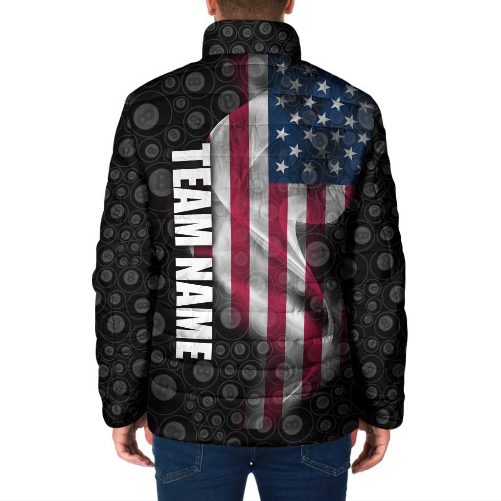 American Flag Bowling Ball and Pins Graphic Padded Jacket with Black Patterned Background and Custom Team Name Design - Wonder Print Shop