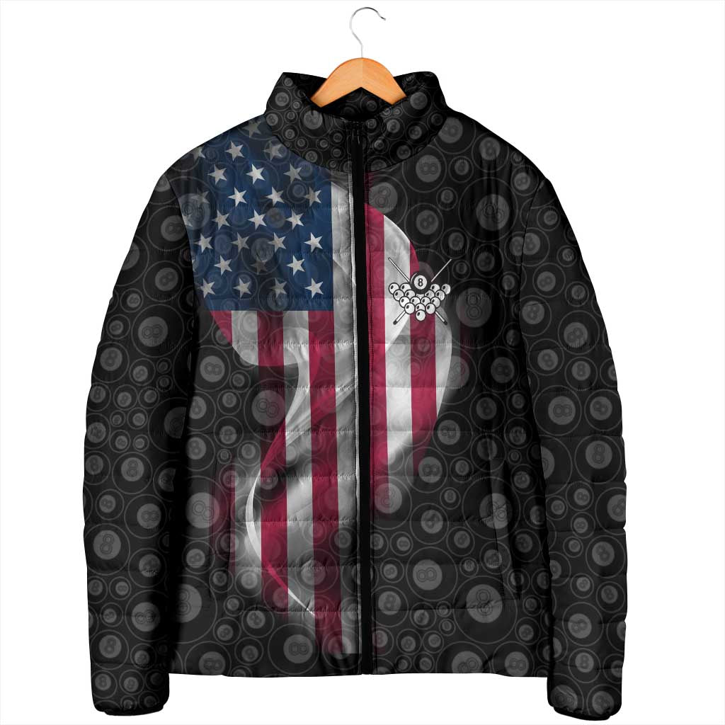 American Flag Bowling Ball and Pins Graphic Padded Jacket with Black Patterned Background and Custom Team Name Design - Wonder Print Shop