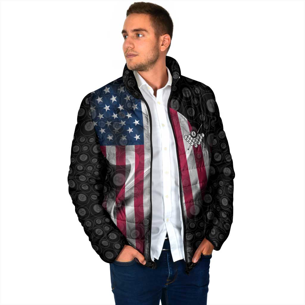 American Flag Bowling Ball and Pins Graphic Padded Jacket with Black Patterned Background and Custom Team Name Design - Wonder Print Shop