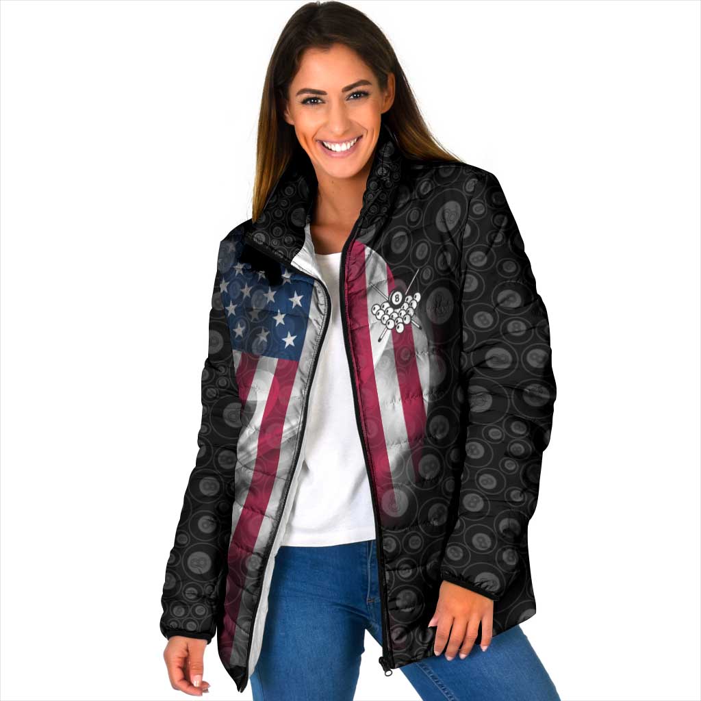 American Flag Bowling Ball and Pins Graphic Padded Jacket with Black Patterned Background and Custom Team Name Design - Wonder Print Shop
