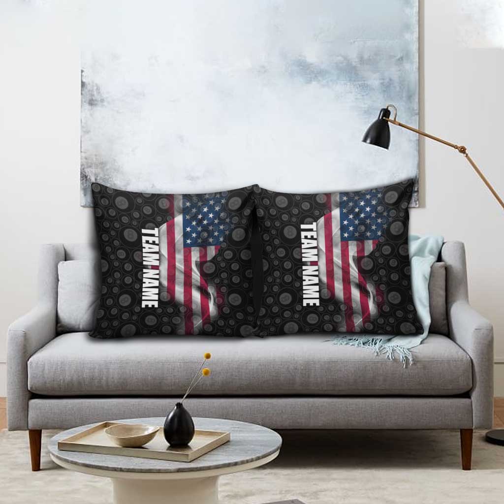 American Flag Bowling Ball and Pins Graphic Pillow Cover with Black Patterned Background and Custom Team Name Design - Wonder Print Shop