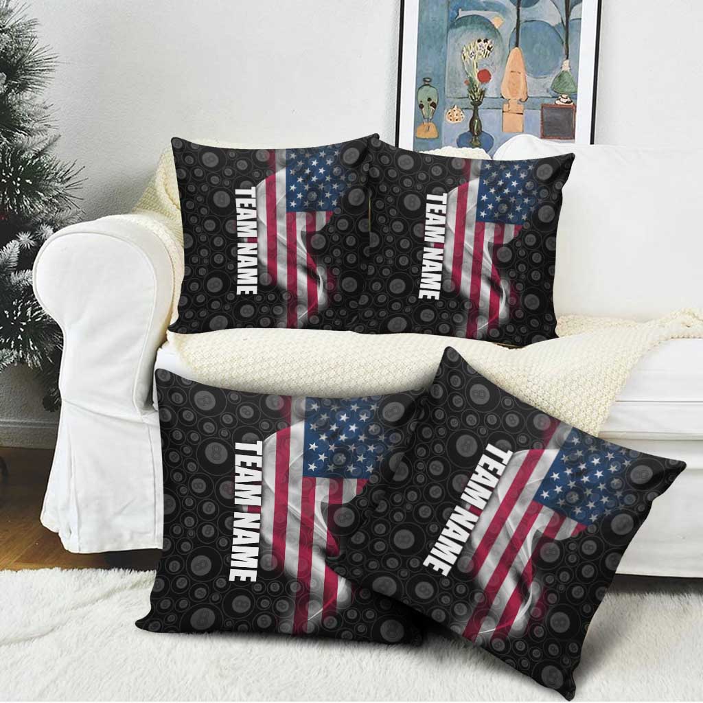 American Flag Bowling Ball and Pins Graphic Pillow Cover with Black Patterned Background and Custom Team Name Design - Wonder Print Shop