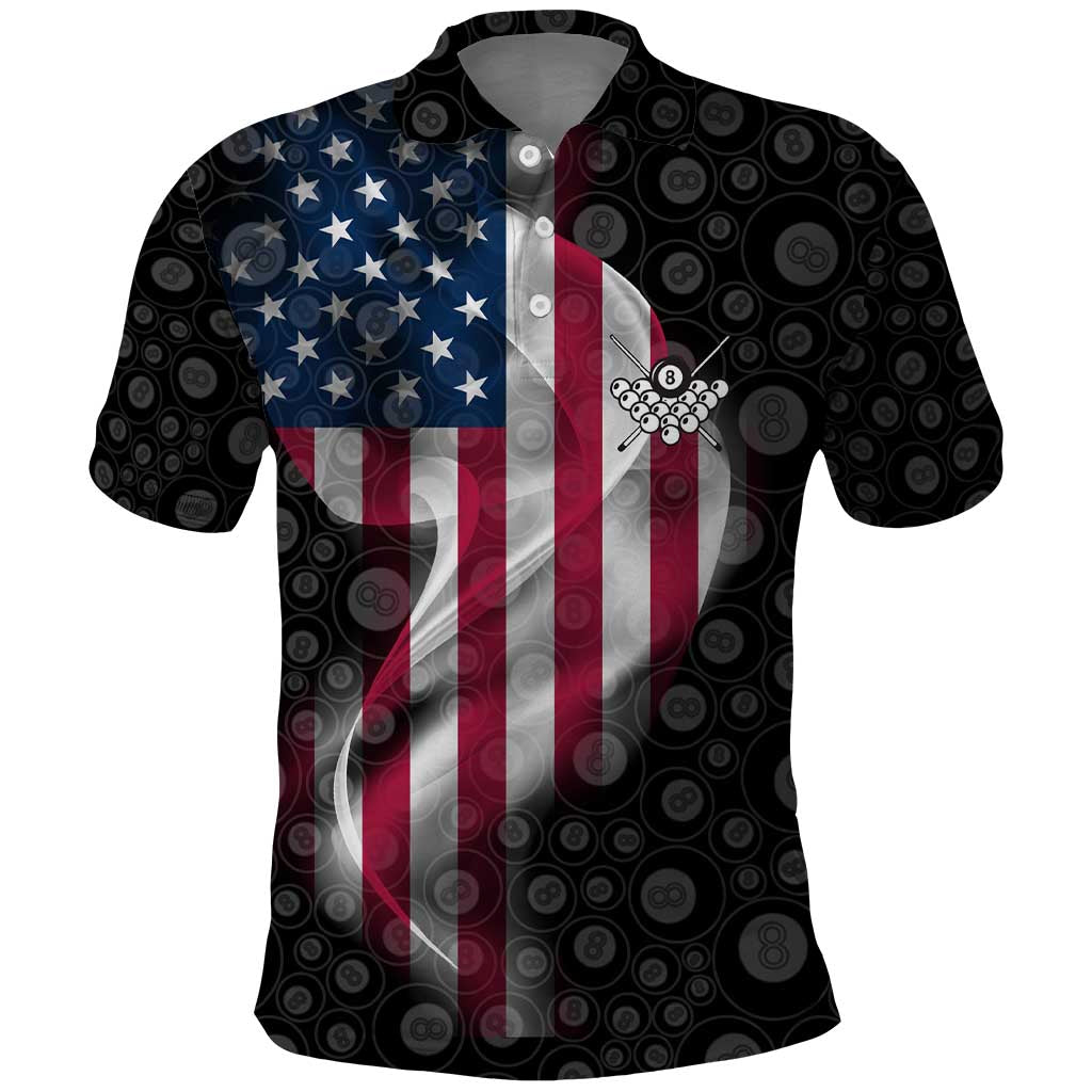 American Flag Bowling Ball and Pins Graphic Polo Shirt with Black Patterned Background and Custom Team Name Design - Wonder Print Shop