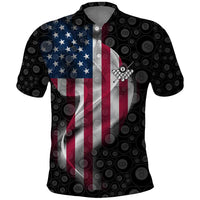 American Flag Bowling Ball and Pins Graphic Polo Shirt with Black Patterned Background and Custom Team Name Design - Wonder Print Shop