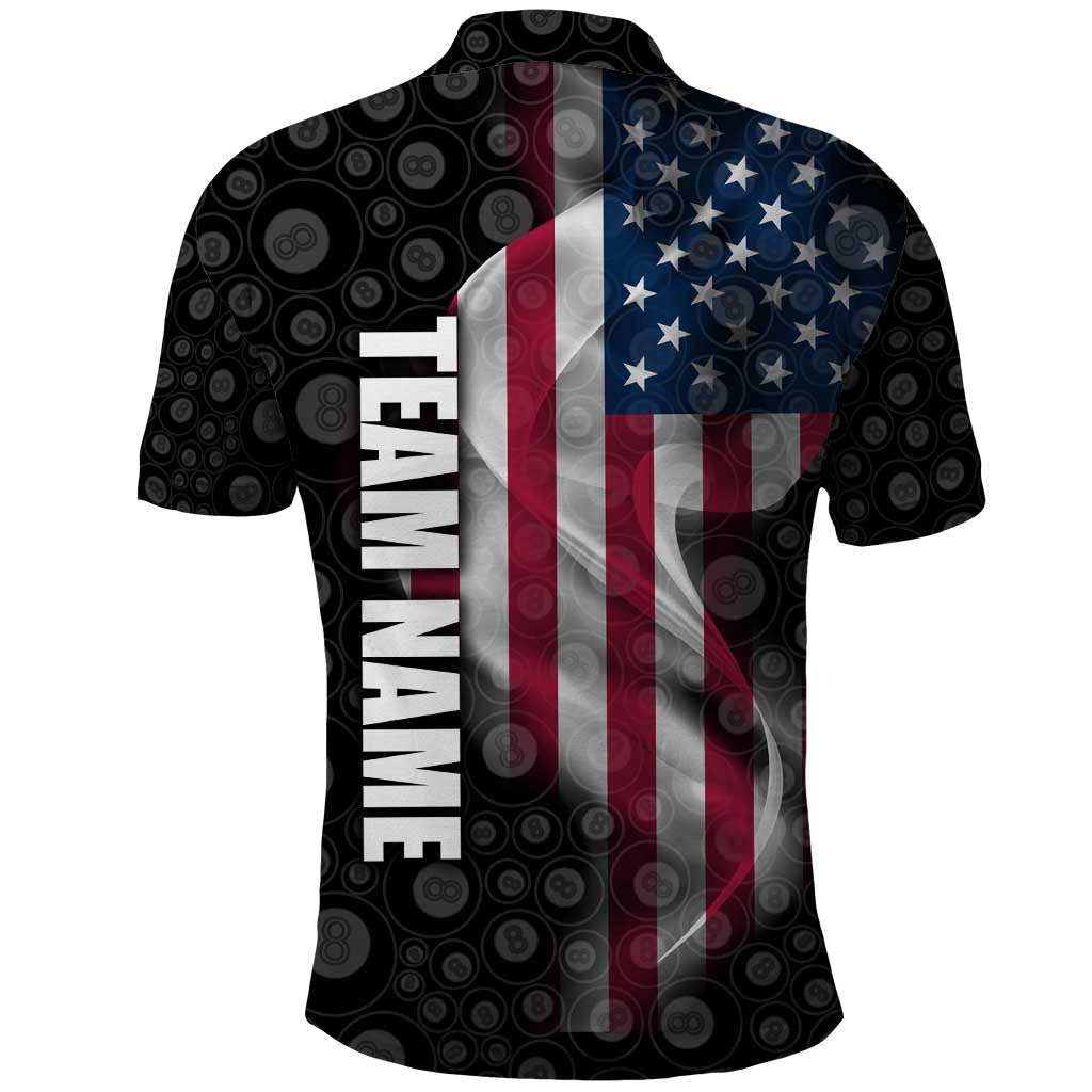 American Flag Bowling Ball and Pins Graphic Polo Shirt with Black Patterned Background and Custom Team Name Design - Wonder Print Shop