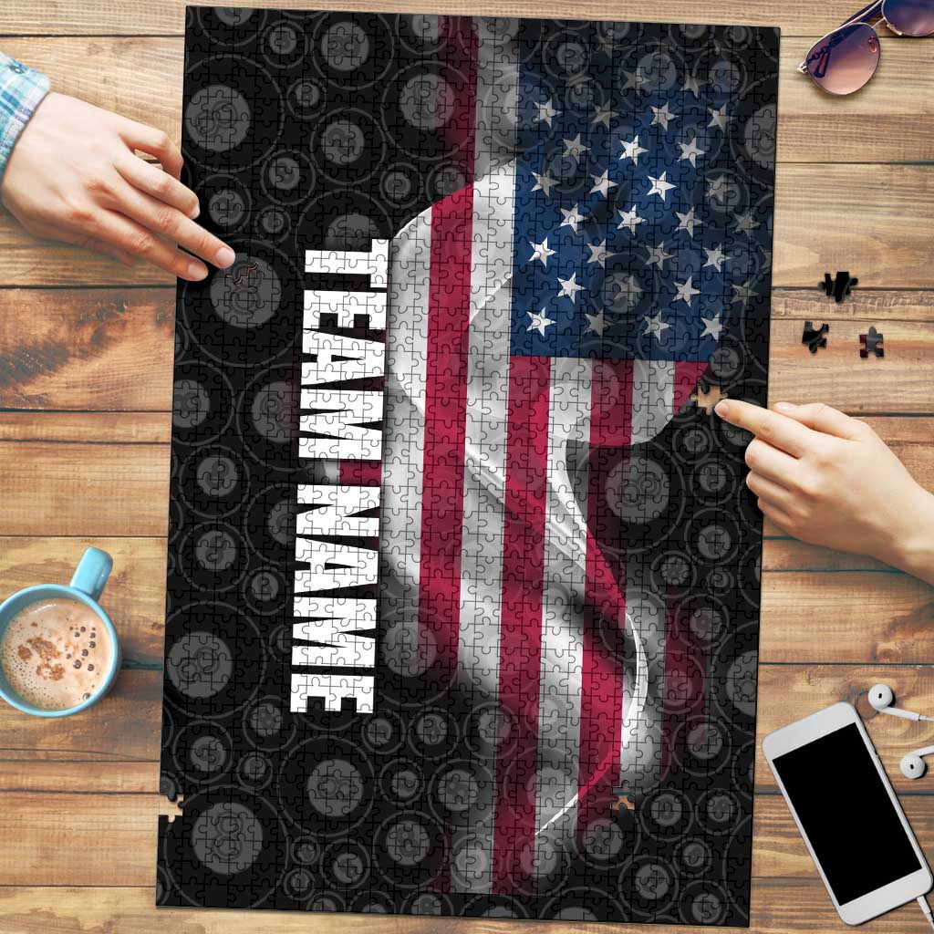American Flag Bowling Ball and Pins Graphic Puzzle with Black Patterned Background and Custom Team Name Design - Wonder Print Shop
