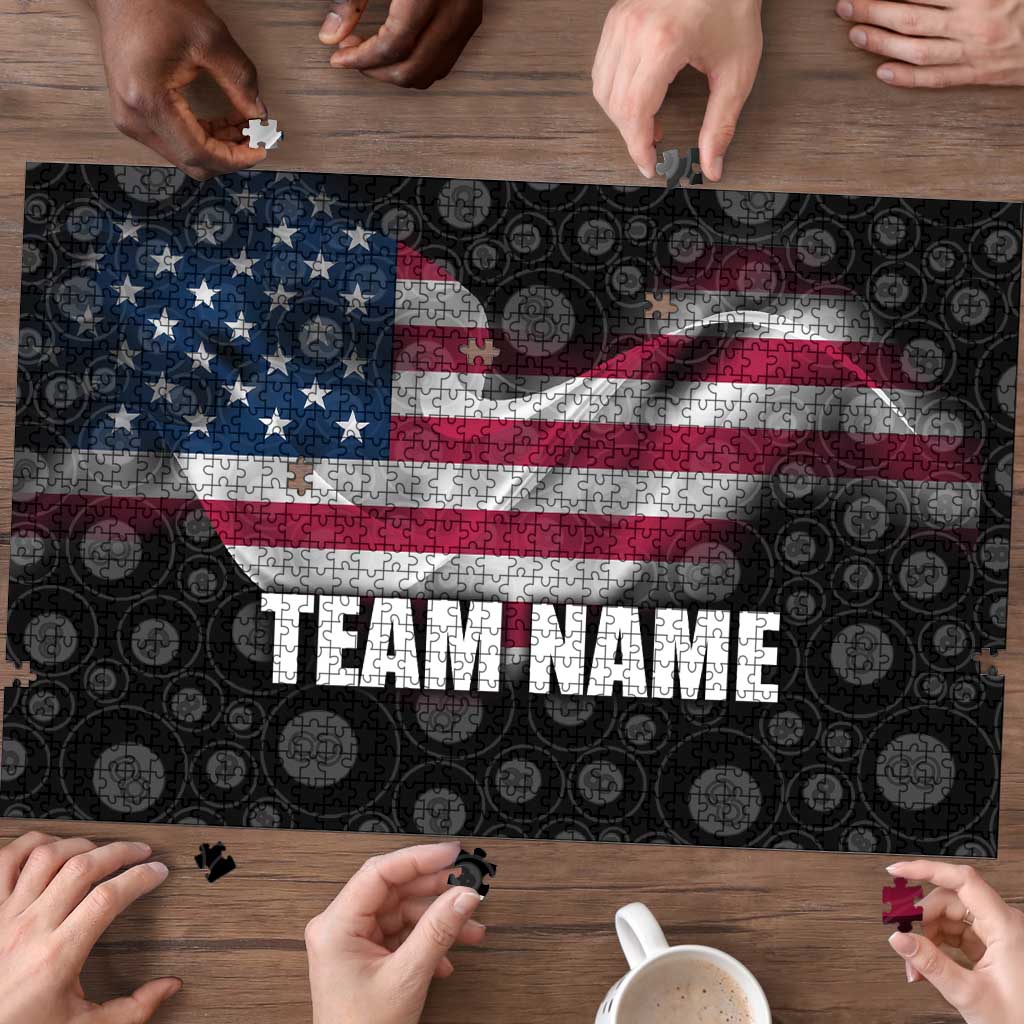 American Flag Bowling Ball and Pins Graphic Puzzle with Black Patterned Background and Custom Team Name Design - Wonder Print Shop