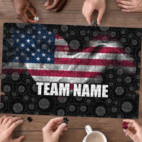 American Flag Bowling Ball and Pins Graphic Puzzle with Black Patterned Background and Custom Team Name Design - Wonder Print Shop