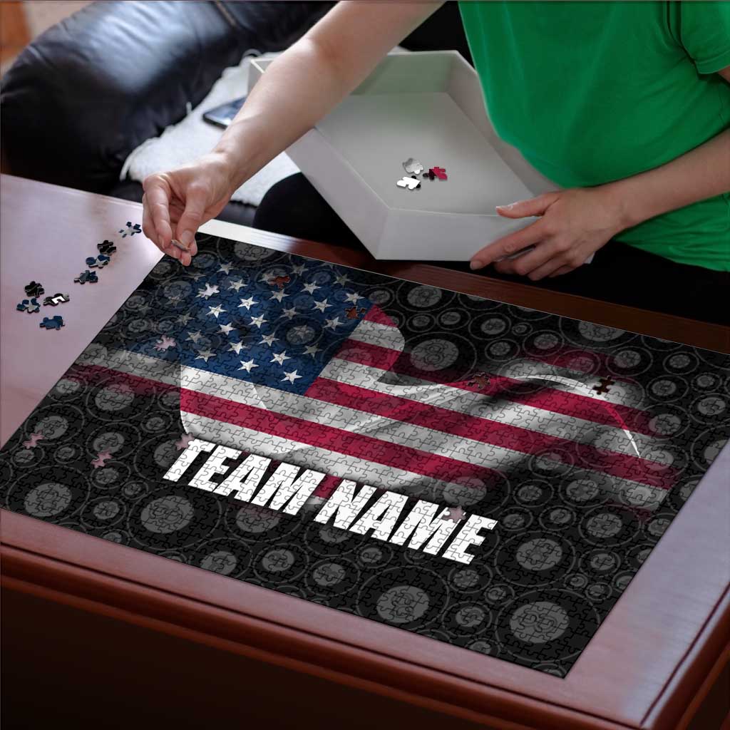 American Flag Bowling Ball and Pins Graphic Puzzle with Black Patterned Background and Custom Team Name Design - Wonder Print Shop