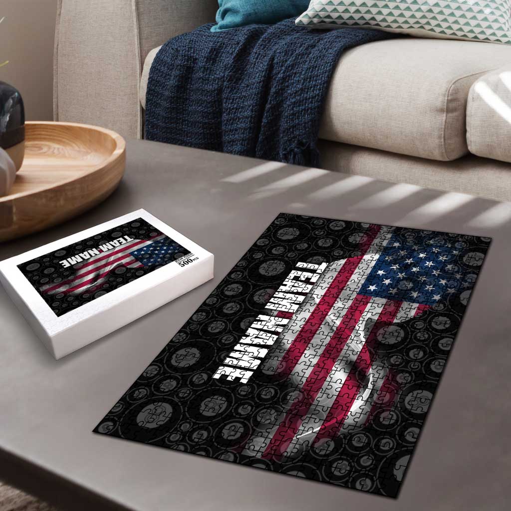 American Flag Bowling Ball and Pins Graphic Puzzle with Black Patterned Background and Custom Team Name Design - Wonder Print Shop