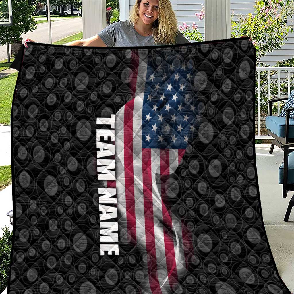 American Flag Bowling Ball and Pins Graphic Quilt with Black Patterned Background and Custom Team Name Design - Wonder Print Shop