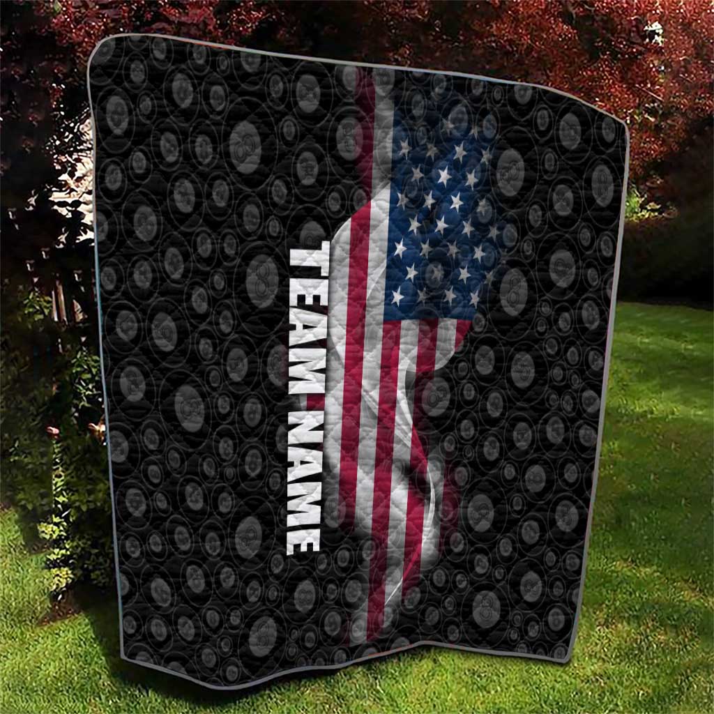 American Flag Bowling Ball and Pins Graphic Quilt with Black Patterned Background and Custom Team Name Design - Wonder Print Shop