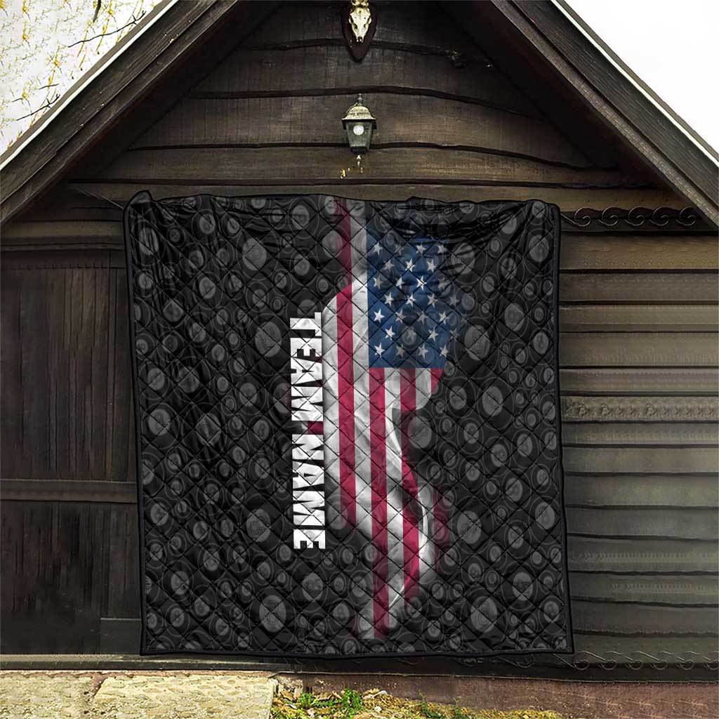 American Flag Bowling Ball and Pins Graphic Quilt with Black Patterned Background and Custom Team Name Design - Wonder Print Shop