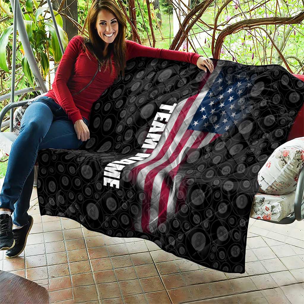 American Flag Bowling Ball and Pins Graphic Quilt with Black Patterned Background and Custom Team Name Design - Wonder Print Shop