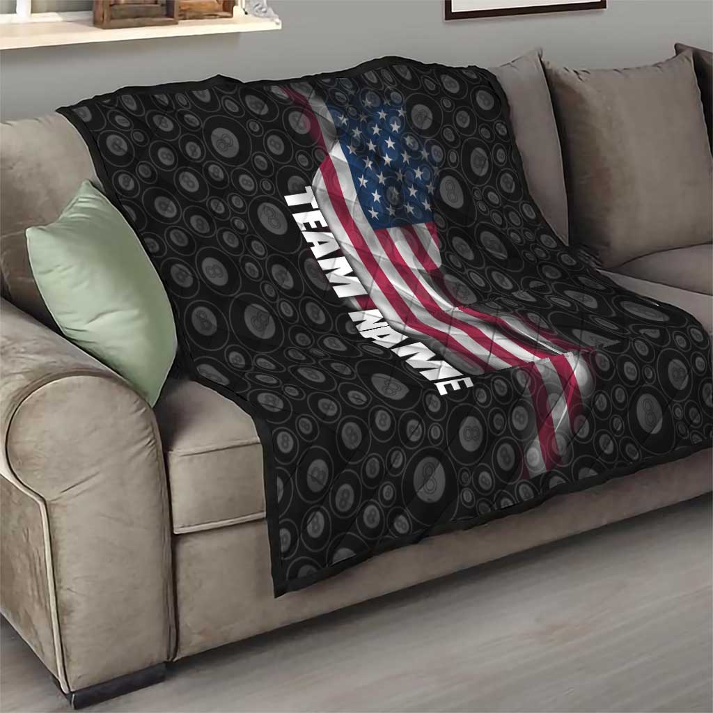 American Flag Bowling Ball and Pins Graphic Quilt with Black Patterned Background and Custom Team Name Design - Wonder Print Shop