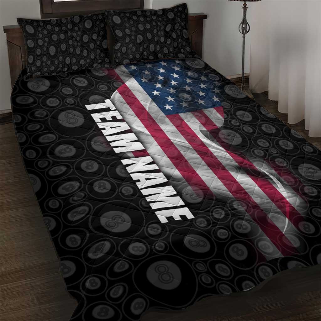 American Flag Bowling Ball and Pins Graphic Quilt Bed Set with Black Patterned Background and Custom Team Name Design - Wonder Print Shop