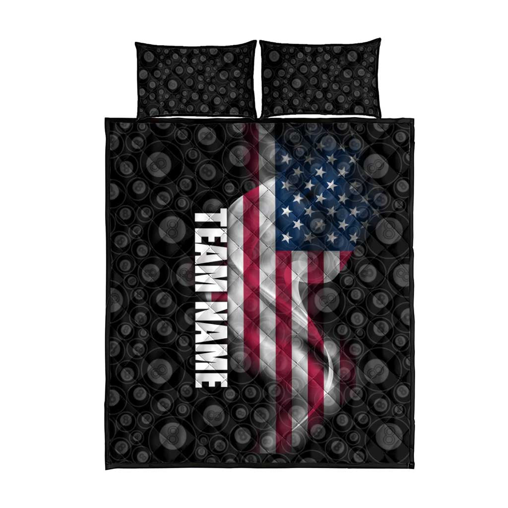 American Flag Bowling Ball and Pins Graphic Quilt Bed Set with Black Patterned Background and Custom Team Name Design - Wonder Print Shop