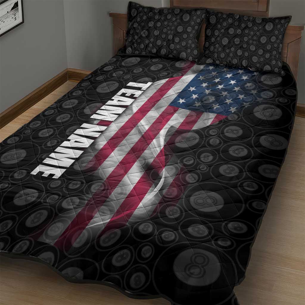 American Flag Bowling Ball and Pins Graphic Quilt Bed Set with Black Patterned Background and Custom Team Name Design - Wonder Print Shop
