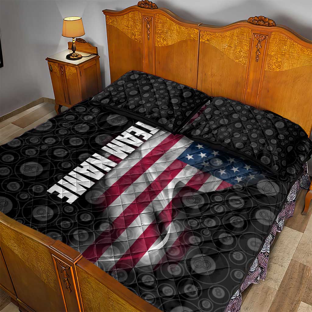 American Flag Bowling Ball and Pins Graphic Quilt Bed Set with Black Patterned Background and Custom Team Name Design - Wonder Print Shop