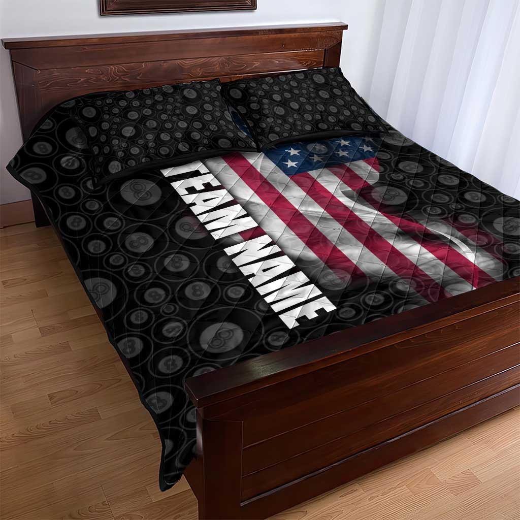 American Flag Bowling Ball and Pins Graphic Quilt Bed Set with Black Patterned Background and Custom Team Name Design - Wonder Print Shop