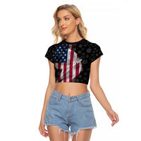 American Flag Bowling Ball and Pins Graphic Raglan Cropped T Shirt with Black Patterned Background and Custom Team Name Design - Wonder Print Shop