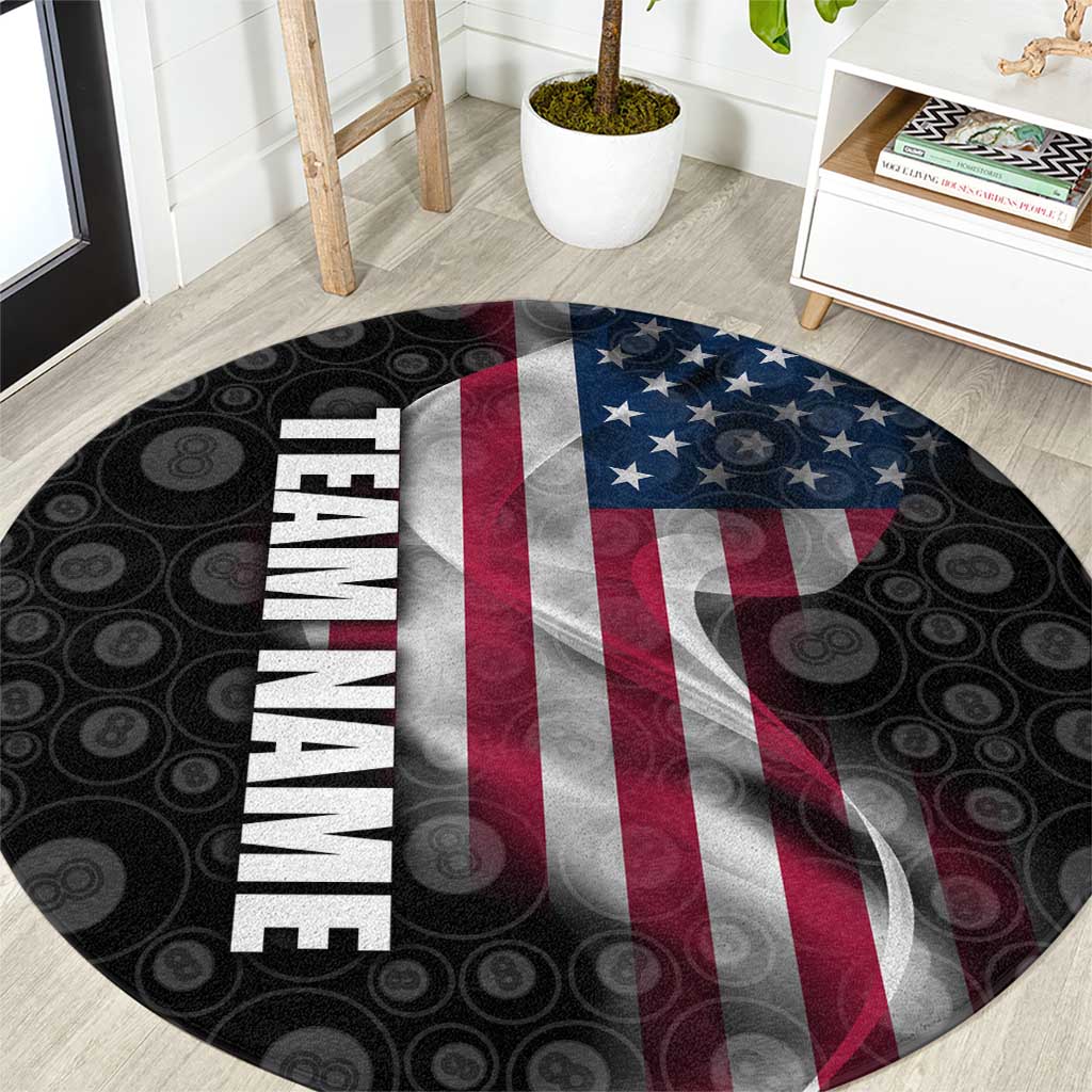 American Flag Bowling Ball and Pins Graphic Round Carpet with Black Patterned Background and Custom Team Name Design - Wonder Print Shop
