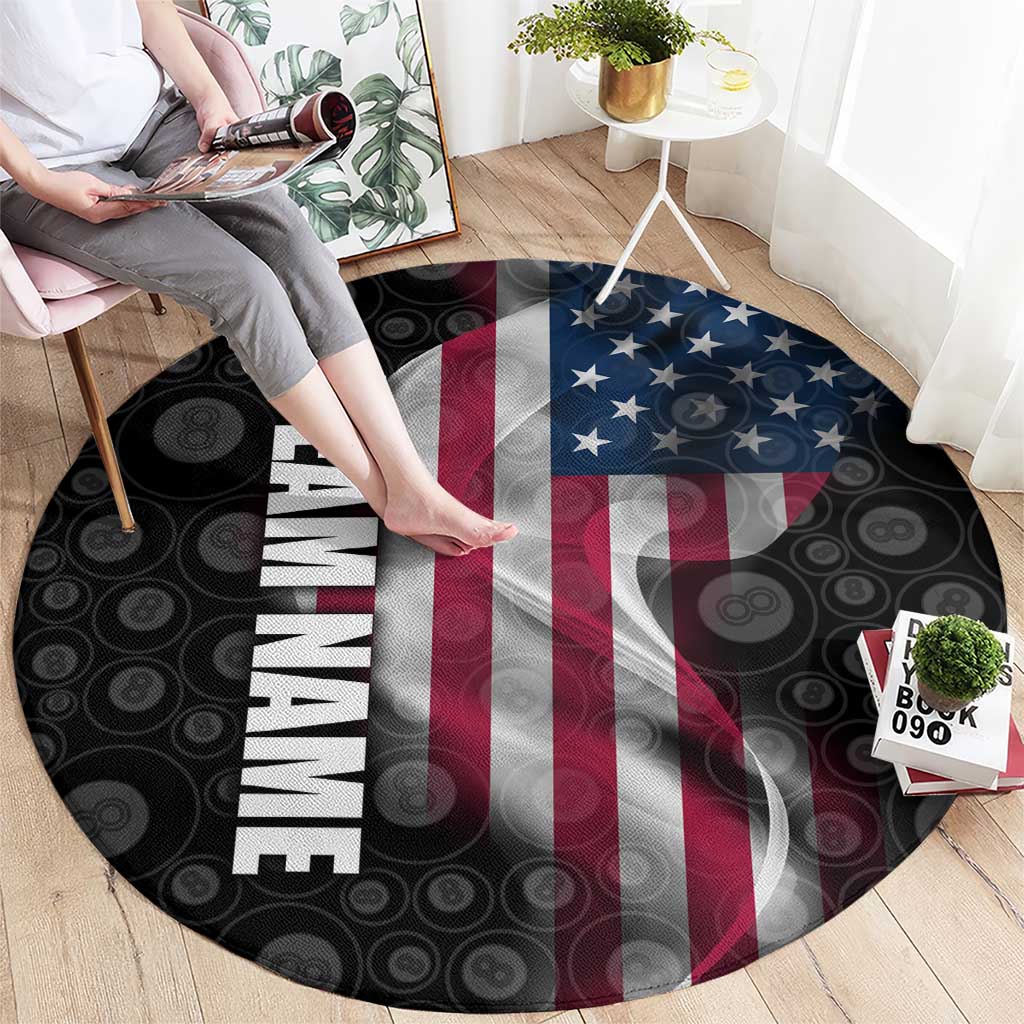 American Flag Bowling Ball and Pins Graphic Round Carpet with Black Patterned Background and Custom Team Name Design - Wonder Print Shop