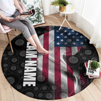 American Flag Bowling Ball and Pins Graphic Round Carpet with Black Patterned Background and Custom Team Name Design - Wonder Print Shop